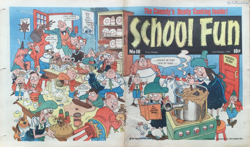 School Fun No. 18, cover dated 11 February 1984, via Great News for all Readers, compiled by David Moloney. Cover by David Mostyn ©️ Rebellion Publishing