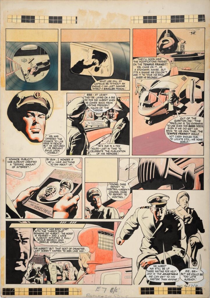 The back page "Dan Dare" art by Keith Watson for The Eagle, volume 16, issue 7, cover dated 13th February, 1965, inscribed, watercolour and pen-and-ink on fashion plate board, applied with two pasted orange paper tabs, 54 x 38cm