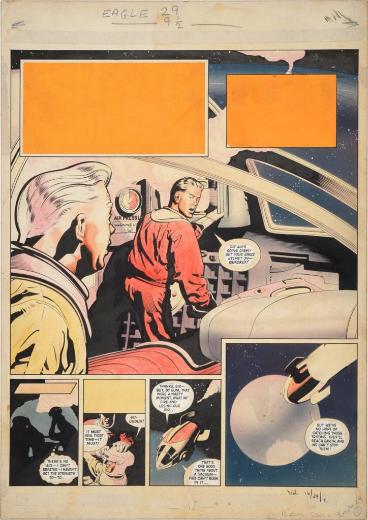 Cover art by Keith Watson for “Dan Dare: Pilot of the Future” from The Eagle, volume 16, issue 29, cover dated 17th July, 1965. Watercolour and pen-and-ink on fashion plate board, applied with two pasted orange paper tabs in lieu of title and sub-title lettering, 54 x 38cm