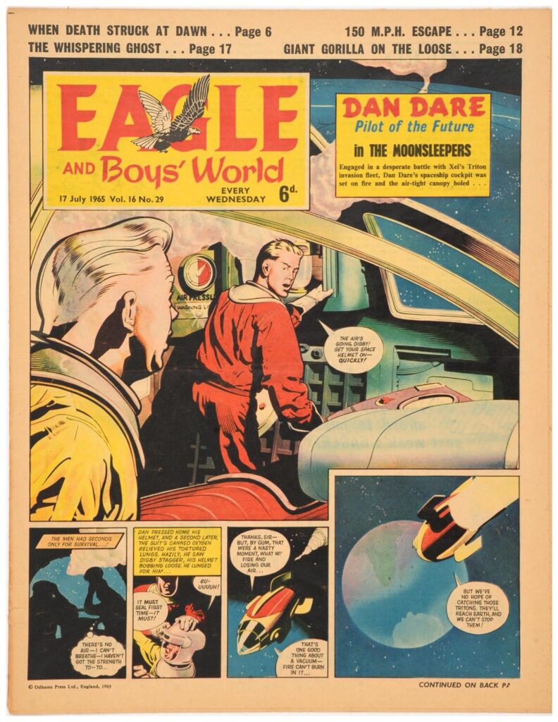 The cover of The Eagle, volume 16, issue 29, cover dated 17th July, 1965 featuring “Dan Dare: Pilot of the Future - The Moonsleepers" by David Motton and Keith Watson
