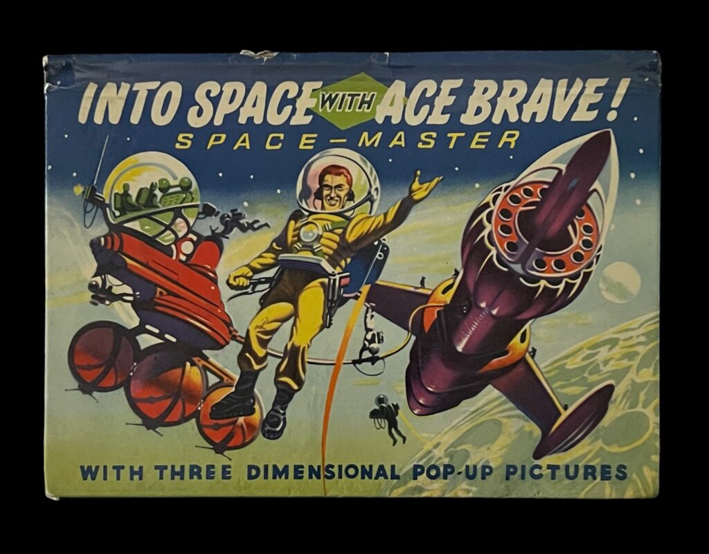 Into Space with Ace Brave! Space-Master - a three dimensional pop-up picture book, published by Birn Brothers Ltd, featuring art by Ron Turner, who's also noted for Rick Random Space Detective in Super Detective Library. There is some damage to spine, but pop-ups are excellent.