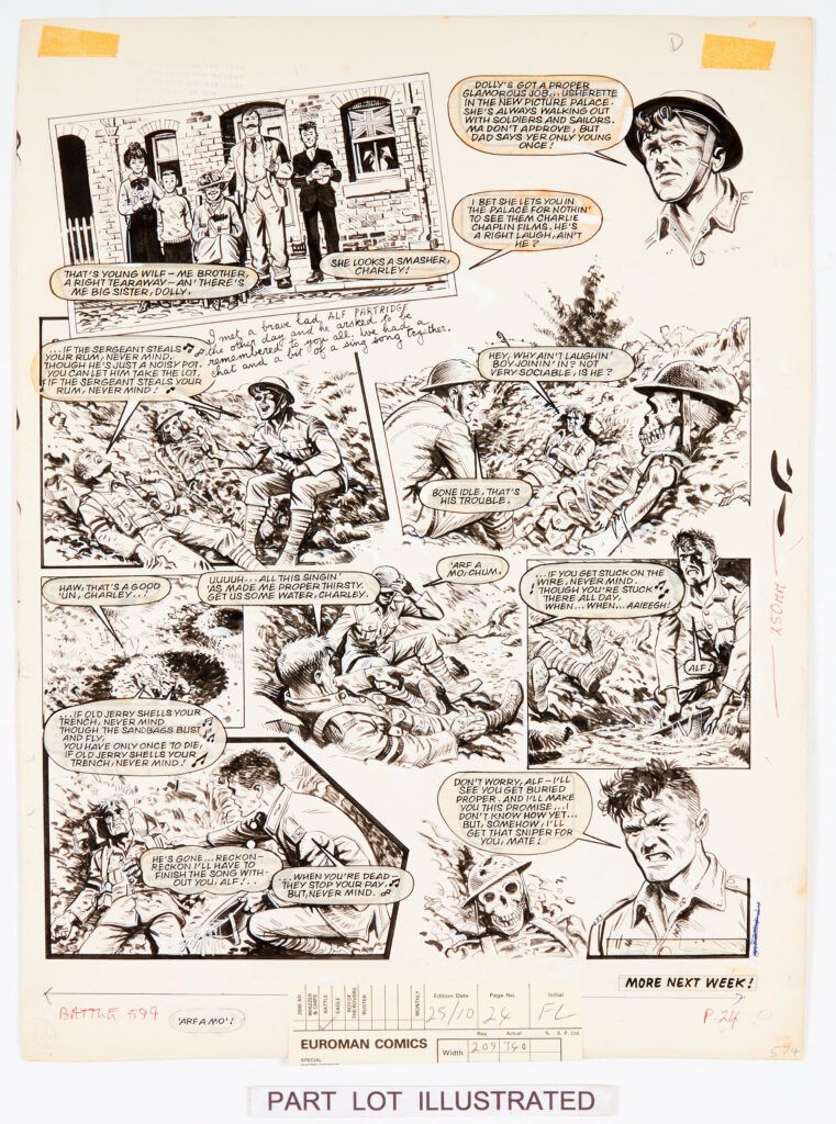 Charley's War: 3 original consecutive artworks (1984) by Joe Colquhoun with script by Pat Mills for Battle 599 pgs 22-24. '1916. A few weeks before the battle of the Somme? sixteen-year-old Charley Bourne goes to rescue a runner who has been blown out of the trenches into no-man's land!' Indian ink on card. 19 x 15 ins (3 artworks)