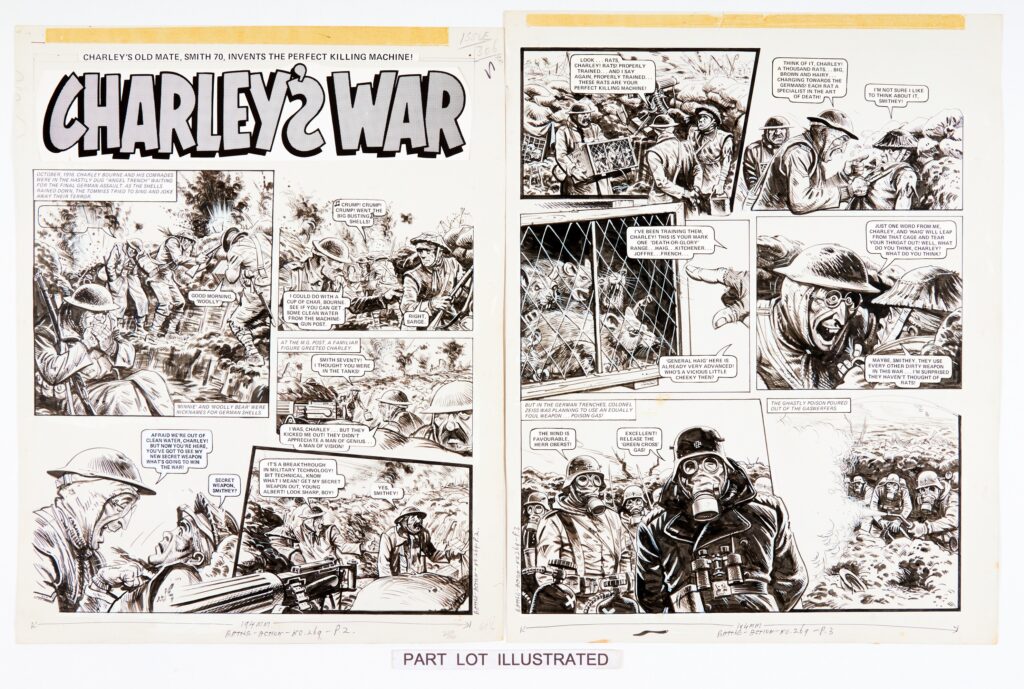 Charley's War: 4 original consecutive artworks (1979) by Joe Colquhoun with script by Pat Mills for Battle-Action 269 pgs 2-5. 'October, 1916. Charley Bourne and his comrades were in the hastily dug "Angel Trench" awaiting the final German assault. As the shells rained down, the Tommies tried to sing and joke away their terror.' Indian ink on card. 19 x 15 ins (4 artworks)