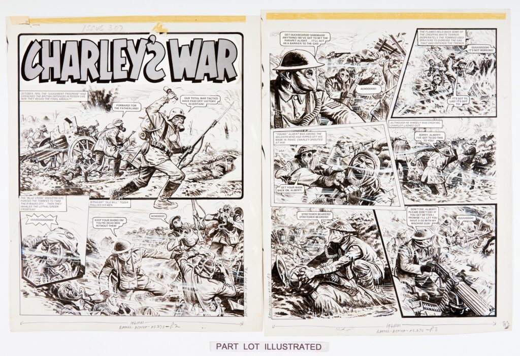 Charley's War: 3 original consecutive artworks (1979) by Joe Colquhoun and Pat Mills for Battle-Action 270 pgs 2-4. 'October 1916. The "Judgement Troopers" had drenched the British defences in poison gas. Now they began the final assault.' Indian ink on card. 19 x 15 ins (3 artworks)