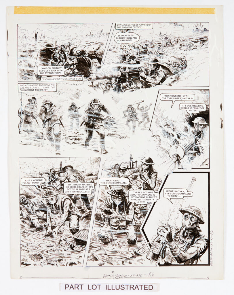 Charley's War: 3 original consecutive artworks (1979) by Joe Colquhoun and Pat Mills for Battle-Action 270 pgs 2-4. 'October 1916. The "Judgement Troopers" had drenched the British defences in poison gas. Now they began the final assault.' Indian ink on card. 19 x 15 ins (3 artworks)