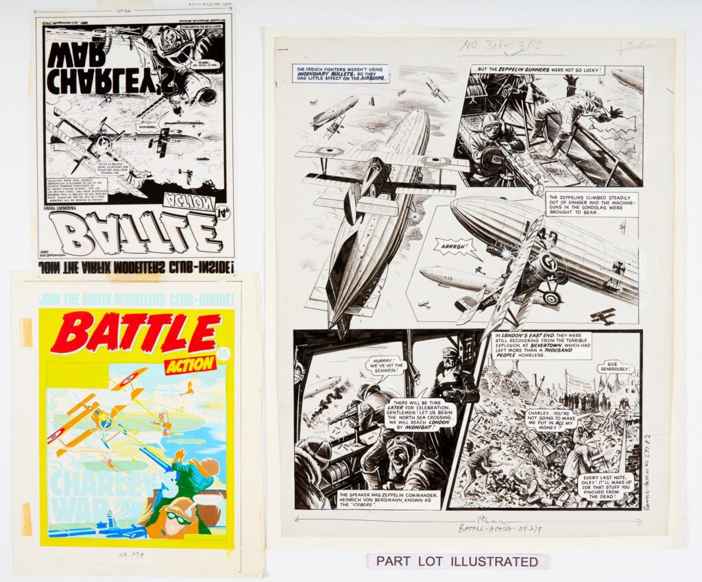 Charley's War: 3 original consecutive artworks by Joe Colquhoun from Battle-Action 279 (1980). With Battle-Action 279 front cover original painting with acetate overlay (printer's paste-up). 'February 1917. An armada of German naval zeppelins set out on a huge bombing raid to Britain. As they reached the Belgian coast they were intercepted by French fighter planes...' Indian ink on card. 19 x 15 ins (3 artworks and 1 paste-up)