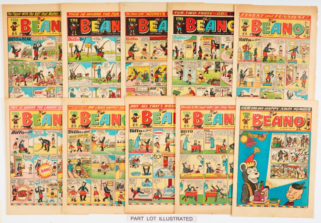 Beano (Aug-Dec 1954) 631-649 including Fireworks and Xmas Numbers with Rodger the Dodger, When the Bell Rings, Biffo, Dennis, Minnie and Pansy Potter. 649 Xmas [vg+], balance [vg/fn] (19)