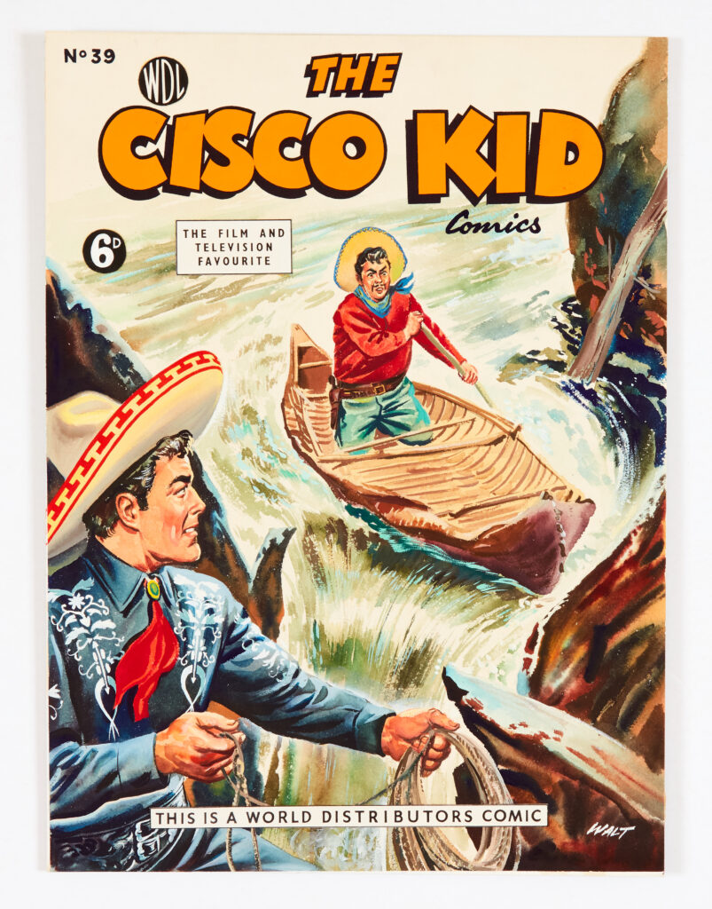 Cisco Kid original cover artwork (1954) painted and signed by Walt Howarth for The Cisco Kid Comics No 39 (WDL). Bright watercolour on board. 15 x 11 ins