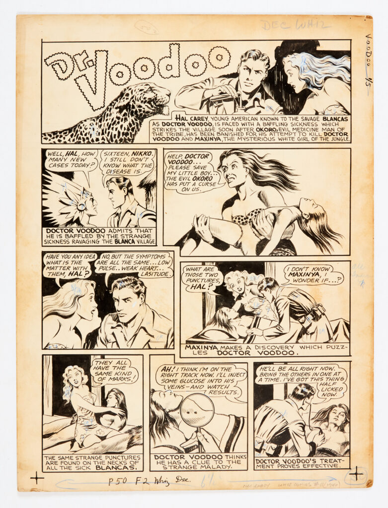 Dr Voodoo original artwork (1940) by Mac Raboy for US Whiz Comics # 11 pg 50. Okoro, the evil medicine man, tries to kill Hal Carey, known to the savage Blancas as Doctor Voodoo, and Maxinya, mysterious white girl of the jungle? Indian ink on board. 20 x 15 ins