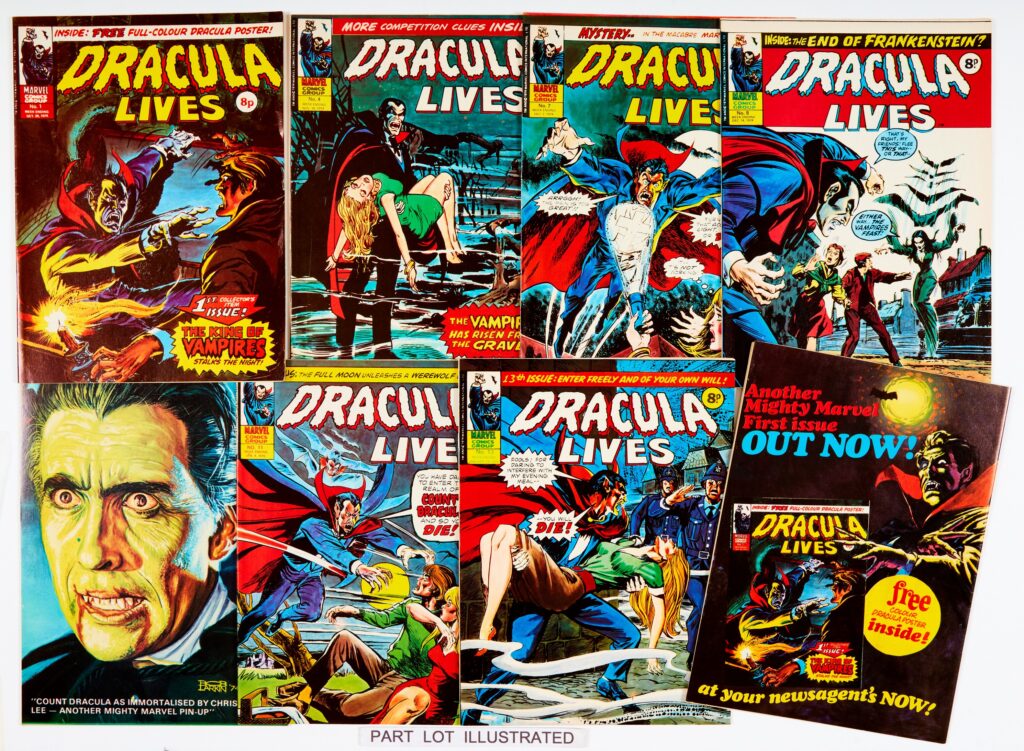 Dracula Lives (1974-75) 1 With Free Gift Dracula poster, 4, 6-14 with Planet of the Apes 1 wfg poster (Dracula Lives No 1 full page back cover advertisement) [vfn+/nm] (12)