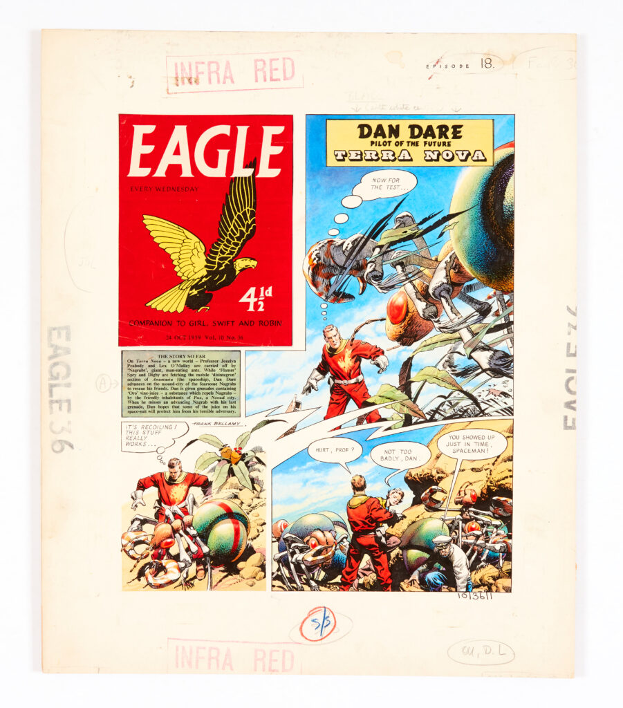 Dan Dare/Eagle original cover artwork (1959) painted and signed by Frank Bellamy for The Eagle Vol. 10, No 36 'On Terra Nova Professor Jocelyn Peabody and Lex O'Mally are carried off by 'Nagrebs' - giant, man-eating ants. Dan's spacesuit is infused with 'Oro' - a vine-juice which repels Nagrebs and might protect him...' Bright Pelikan ink on board. 15 x 13 ins