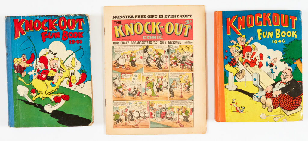 Knock-Out 1 (1939). Starring Our Crazy Broadcasters, with Billy Bunter and first Sexton Blake, Red Ryder and Deed-A-Day Danny illustrated strip stories. With Knock-Out Fun Books 1945 and 1946. From the Woodard Archive of British Comics. Knock-Out 1 [fn-], Fun Books [vg/vg+]