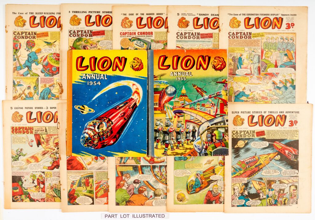 Lion (1953-54) 52-79, 81-83, 85-100 with Lion Annuals 1 & 2 (1954, 1955). Starring Captain Condor, The Amazing Adventures of Mr X, Brett Marlowe - Detective, No 68 Coronation issue and Grit Gregson - Foreign Legion Fighter. Cream pages, rusty staples [vg-/fn-] (49)