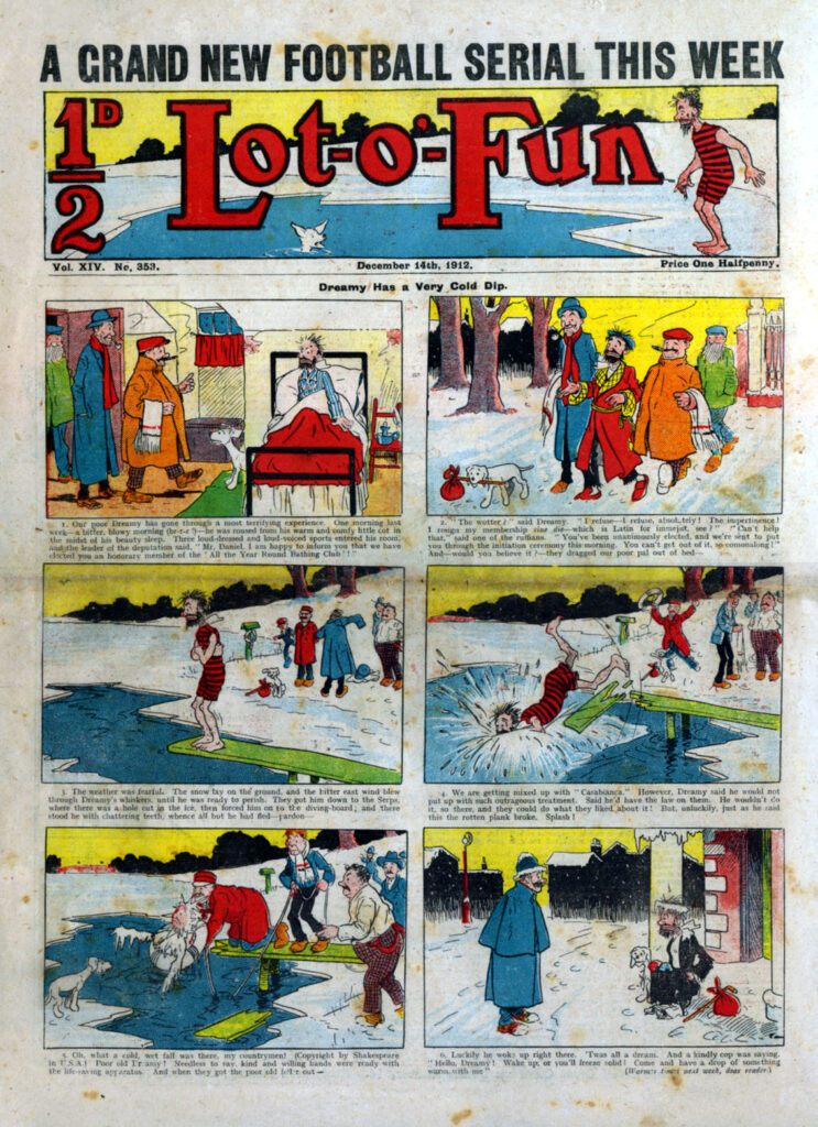 The cover of Lot-O'-Fun No. 353, cover dated 14th December 1912, published by James Henderson & Sons Ltd as one of Henderson's competitors to the popular Amalgamated Press comics. AP took it over in 1920. Overall, the comic ran for 1,196 issues from 1906 to 1929 | With thanks to Lew Stringer
