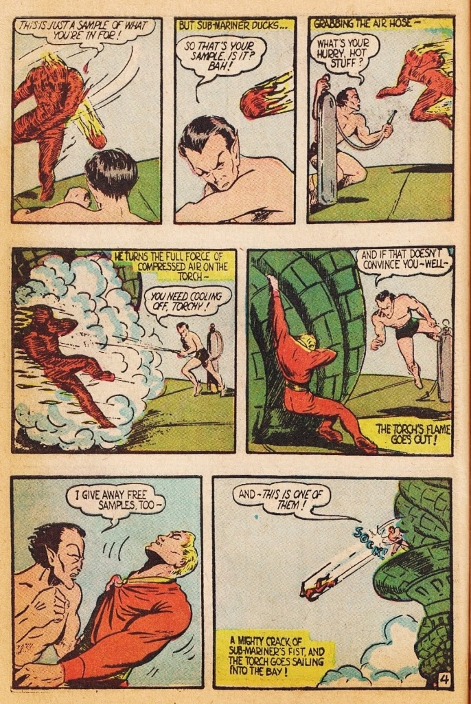 Namor battles the original Human Torch in Marvel Mystery #9, published in July 1940 © Marvel Comics, a story by Carl Burgos and Bill Everett