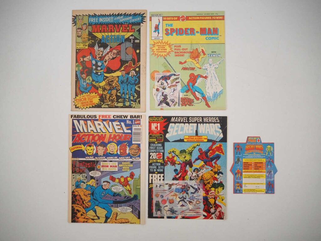 Marvel UK First Issue Lot, four in lot. Includes Marvel Action #1 (1981), The Spider-Man Comic #1 (cover dated 4th May 1985, with Rub-Down Transfers Free Gift), Marvel Super Heroes Secret Wars #1 (cover dated 27th April 1985, with Rub-Down Transfers Free Gift and Mattel Competition Entry Insert), and Marvel Action Hour #1 (cover dated 9th October 1996)