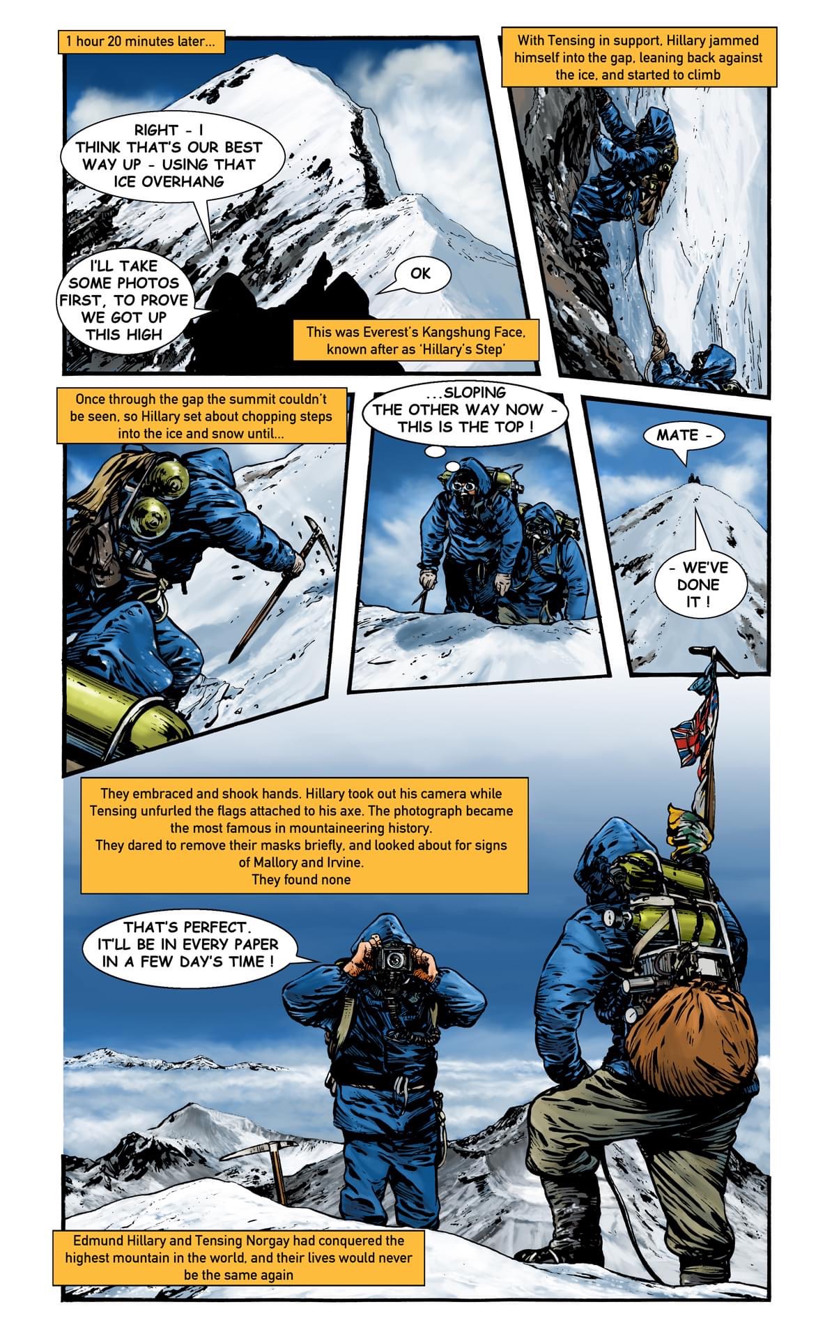 A page from "The Conquest of Everest", written and drawn by Nick Spender