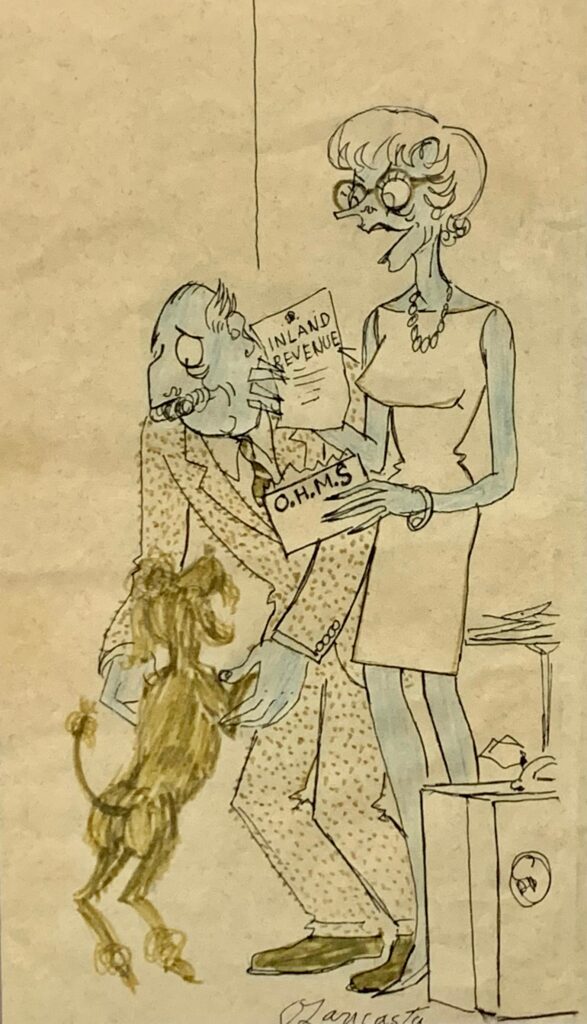 A cartoon dated 17th September 1969 by Sir Osbert Lancaster (1908-1986), featuring perhaps his most famous character, Maudie Countess of Littlehampton,  a regular character, in his pocket cartoons in the Daily Express. Maudie declares “And Here’s Someone Else Who Can Hardly Wait to Welcome us Home“, referring to an Inland Revenue letter, not their dog, as she and her husband return from holiday! An original ink and blue chalk satire cartoon, signed and framed by The Redfern Gallery Ltd in 1980