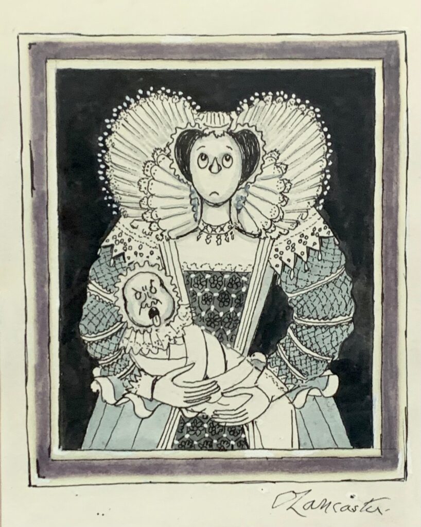 Cartoon by Sir Osbert Lancaster, depicting Lady de Courantsdair, a distant relative of William Courantsdair, the husband of Maudie Countess of Littlehampton, Lancaster’s famous cartoon. Signed by Lancaster lower right. Framed and glazed. Maudie Countess of Littlehampton was perhaps Lancaster’s most famous character, a regular character in his pocket cartoons in the Daily Express. 14cm x 18cm.
