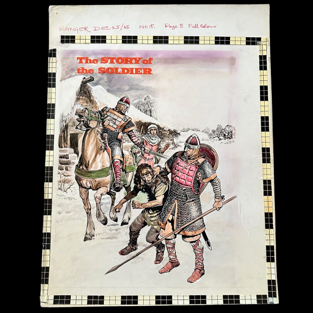Art for Look and Learn's companion title, Ranger No. 15, offered with a copy of the published comic, showing the persecution of the local population following the Norman invasion in the 11th Century. Bright poster colours on Board, 18 inches x 14 inches. The auction house initially credited this to Gerry Embleton, the younger brother of the artist Ron Embleton, but thanks to information supplied by Steve Holland this has now been amended to credit Peter Jackson as the artist