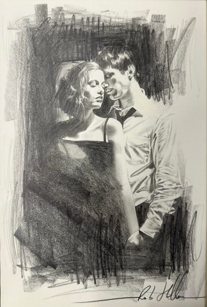 Art by Rob Hefferan (British, b. 1968), original pencil and chalk drawing of a couple, signed lower right. Framed and glazed. Warwickshire framing label to reverse. 20cm x 30.5cm.