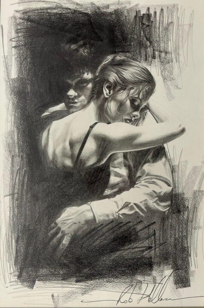 Rob Hefferan (British, b. 1968), original pencil and chalk drawing of a couple, signed lower right. Framed and glazed. Warwickshire framing label to reverse. 20cm x 30.5cm.