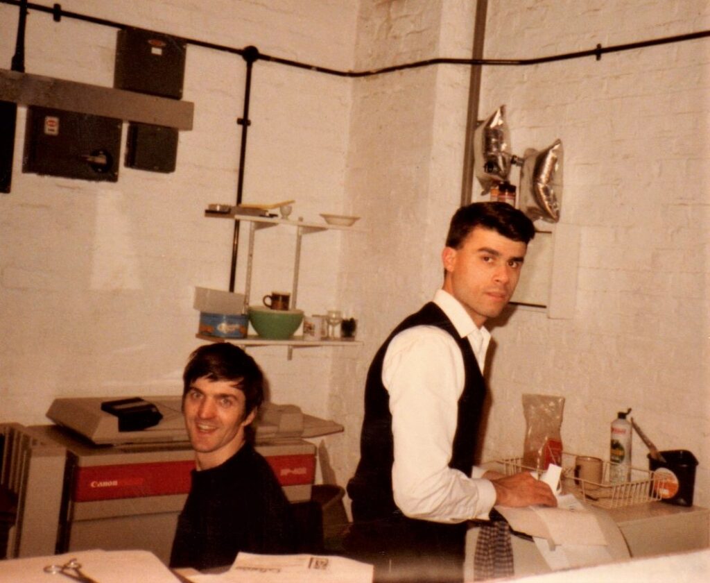Cefn Ridout and Richard Ashford putting together Speakeasy in 1984. Photo courtesy Cefn Ridout
