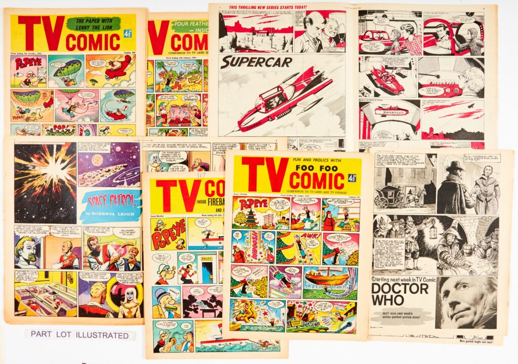 TV Comic (1960-64) 35 issues between 460?673. Starring the first Supercar (No 483), First Space Patrol (668), Range Rider by Ron Embleton, Fireball XL5, The Milky Bar Kid, Four Feathers Falls, The Telegoons by Bill Titcombe with No 673 Fireworks issue pg 3 advertisement of William Hartnell's Doctor Who first episode the following week. From the Woodard Archive of British Comics. A few [vg], balance [fn-/vfn] (35)