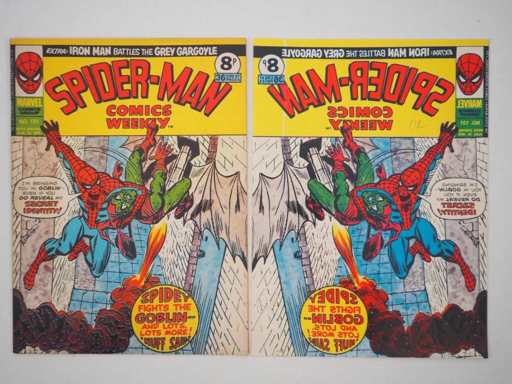 Spider-Man Comics Weekly #131, cover dated 16th August 1975, comic and printer's proof (two in Lot). Comic and final printers proof for the Green Goblin cover - The vendor would study the proofs and mark anything that needed correction and send them back to the printer