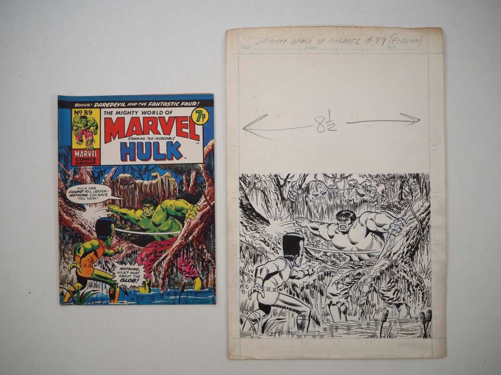Mighty World of Marvel #89 original cover art and comic, two in lot. One of the covers produced by the Marvel US Office for the UK Mighty World of Marvel, artist unknown, but possibly Larry Lieber, brother of Stan Lee