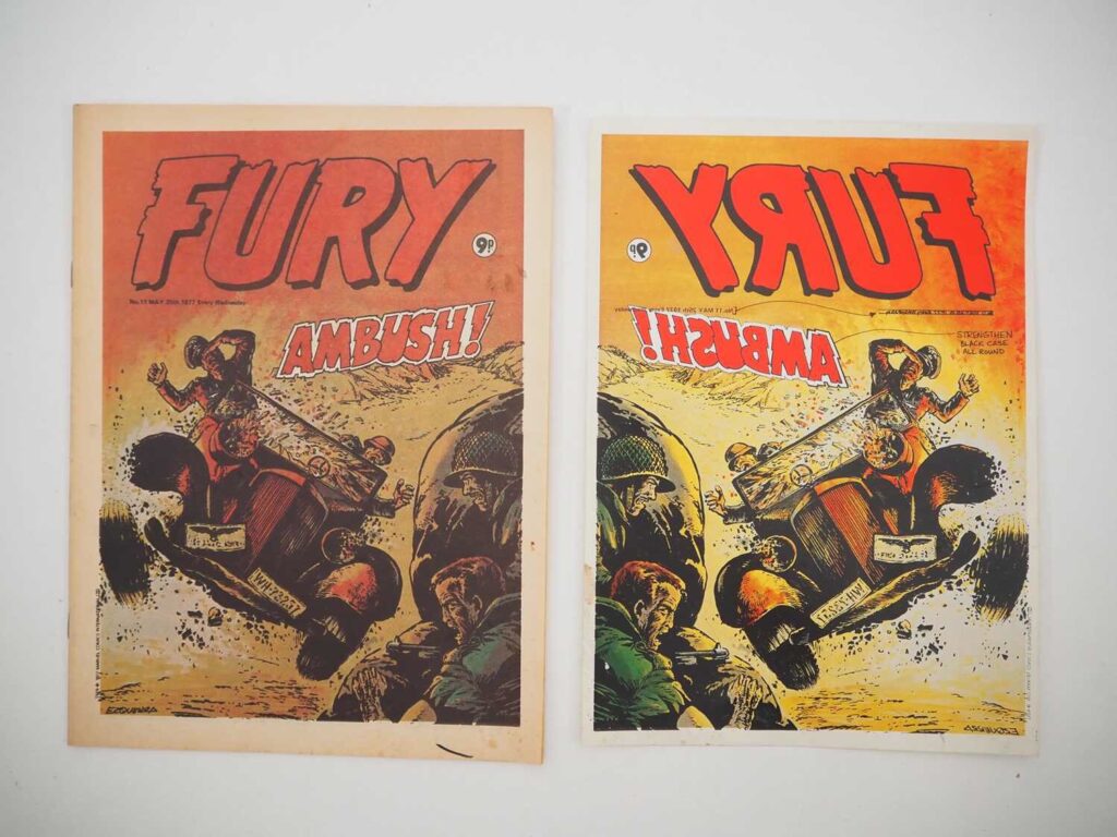 Marvel UK Fury #11 comic, cover dated 25th May 1977, and printers proof, two in lot. The comic & final printers proof for Fury issue #11. The vendor, the publsher's Art Director, would study the proofs and mark anything that needed correction and send them back to the printer. This example shows annotations relating to the position of the date and edging of letters