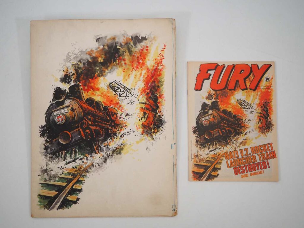 Original Carlos Ezquerra cover art for Fury #22 featuring an "Exploding Train". The over art was produced for Marvel UK's Fury issue #22 and the art comes with an copy of the comic