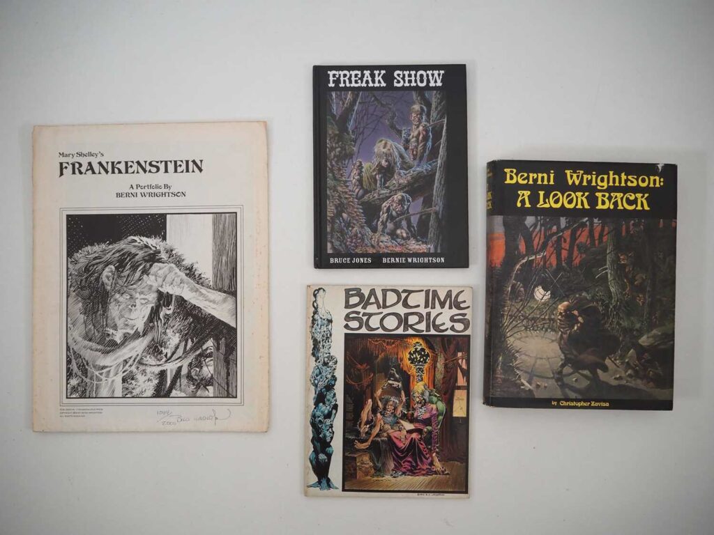 Artist Bernie Wrightson  that Includes Badtime Stories signed by  Bernie Wrightson (1971), plus Frankenstein - A Portfolio, signed and numbered  1044/2000 by Bernie Wrightson (1978), Bernie Wrightson: A Look Back hardcover (1979), and Freak Show hardcover (2005)