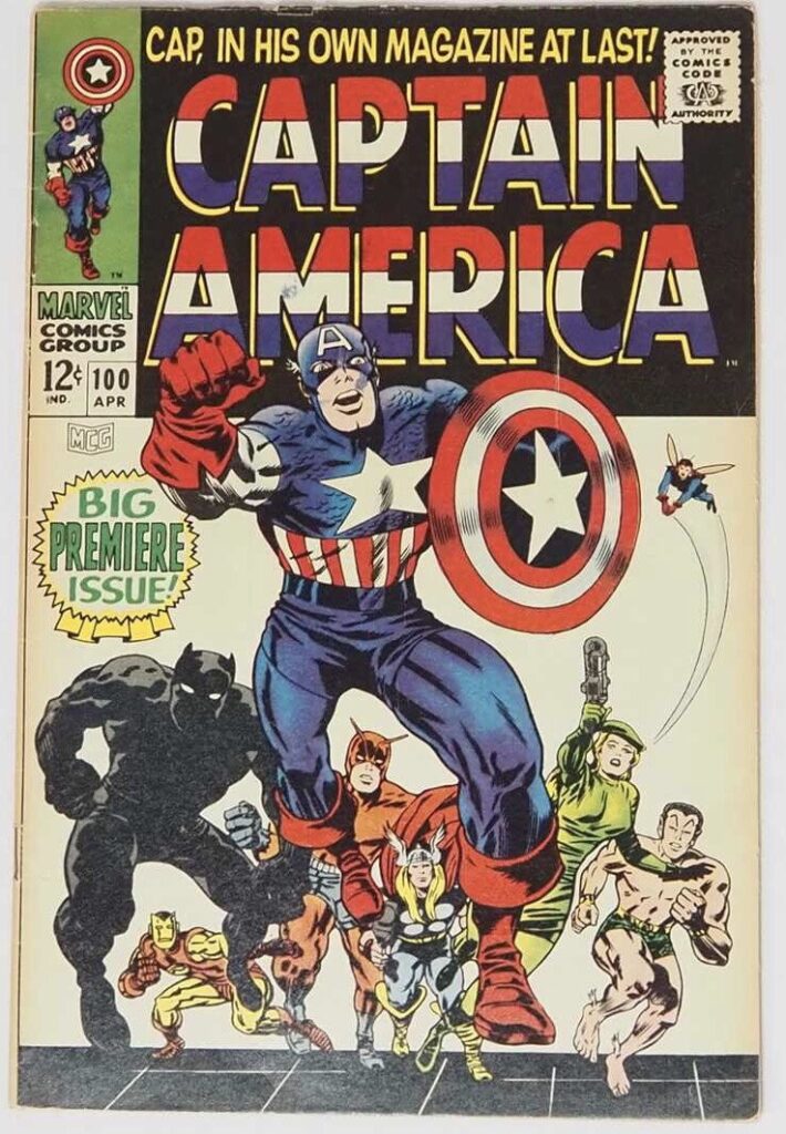 Captain America #100 (1968 - MARVEL). Classic Jack Kirby cover, a key issue as Captain America's origin is retold and Black Panther appearance. First issue of the title with numbering continued from Tales of Suspense. Jack Kirby cover with Kirby and Syd Shores interior art