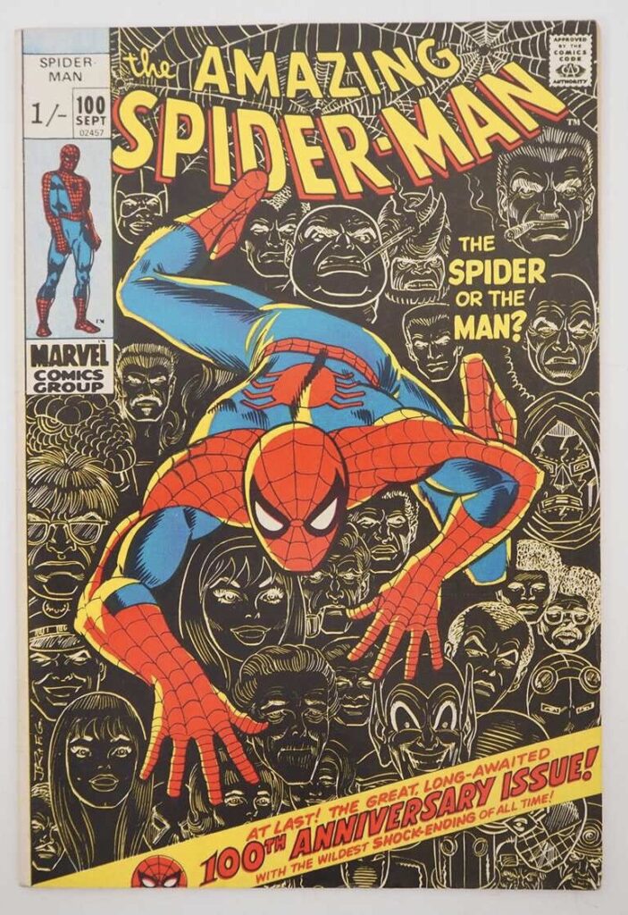 Amazing Spider-Man #100 (Pence Copy). Featuring Green Goblin, Vulture, Lizard, Doctor Octopus, Kingpin appearances (in a dream sequence) - John Romita Sr. cover with Gil Kane interior art