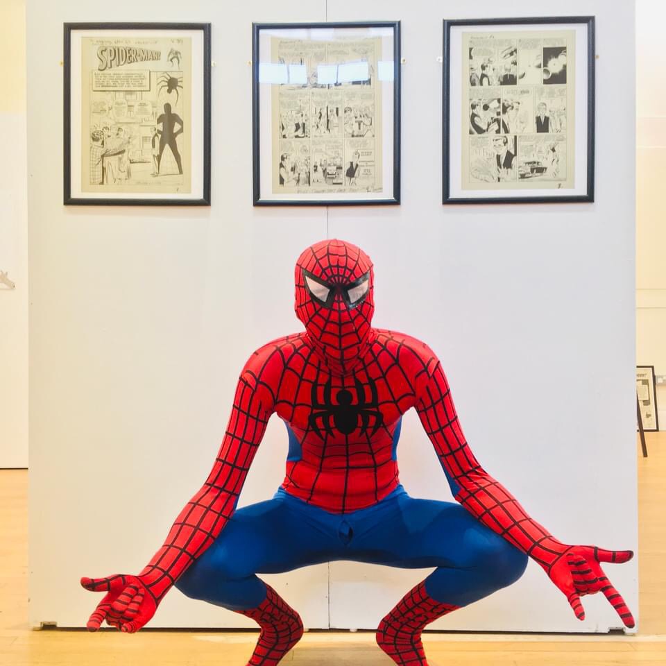 The Amazing Spider-Man checks out the upcoming Amazing Fantasy #15 exhibition ahead of its opening at the Silk Museum, Macclesfield, next week. Photo courtesy Macc-Pow/ Marc Jackson