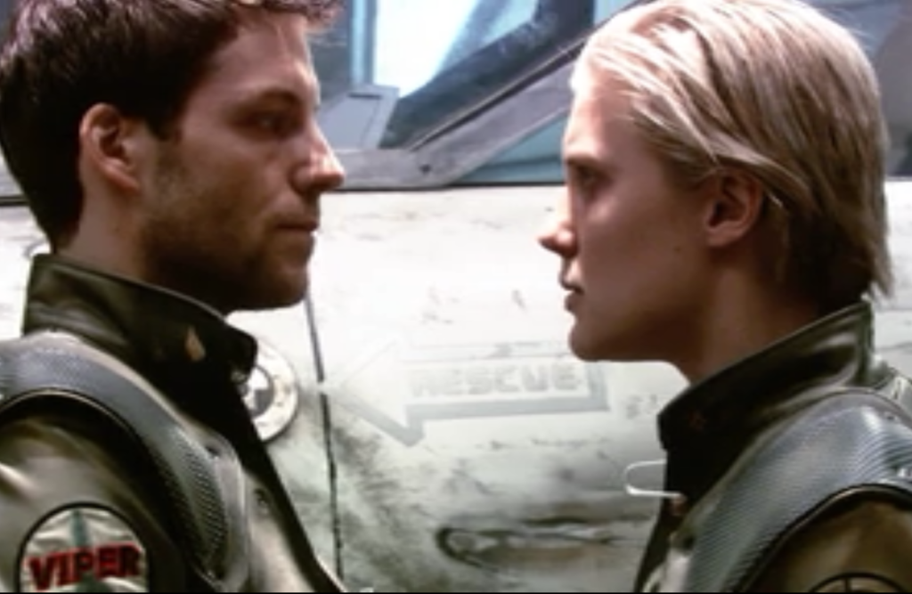 Lee “Apollo” Adama (Jamie Bamber) and Kara “Starbuck” Thrace (Katee Sackhoff) in the reimagined Battlestar Galactica 