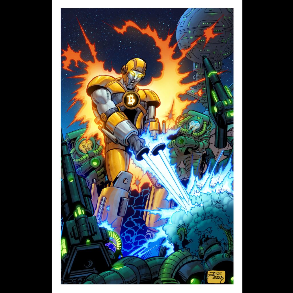 "The Battle Above" was one of José Delbo's early works featuring Satoshi The Creator,  battling the Defenders of Fiat, one of the many villains in the 
Satoshiverse universe