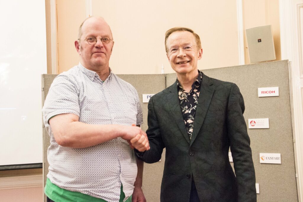 Edward Taylor with one of the Manga Jiman competition judges, Paul Gravett