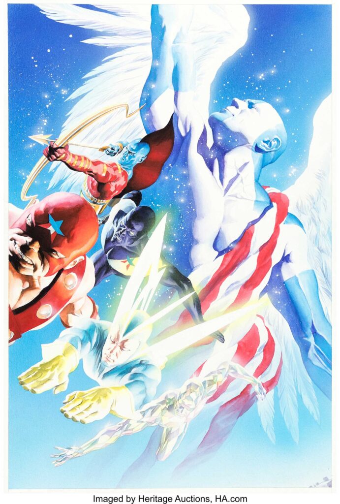 Alex Ross Paradise X #1 Cover Guardians of the Galaxy Original Art (Marvel, 2002). Sublime cover by the talented Alex Ross, which launched the mythology of the Paradise X series. The meticulous attention to detail, the quality of the painting, the soft color and near photo-realistic quality he imbues into his work is quite simply astounding. This cover features Captain America and the original Guardians of the Galaxy: Yondu, Martinex T'Naga, Vance Astro aka Major Victory, Charlie-27 and Starhawk. Acrylic on illustration board with an image area of 10" x 15". In Excellent condition.
