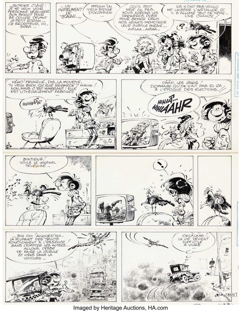 André Franquin Gaston Lagaffe Gag n°839 Complete Story Original Art with Matching Color Guide (Spirou 2092, 1978). By 1978, many were already working to raise awareness regarding the impact of the carbon footprint. The legendary Franquin did just that using his famous character Gaston in this original that denounces the social networks of the time, television, politics, and the infamous oil slick caused by the sinking of the Amoco Cadiz off the coast of Finistère a few months before. Even Gaston's companion, the seagull, is distraught at the consequences of this ecological disaster. A premium original that stands out from the rest of Franquin's production: atmosphere, details, the presence of the main characters, his car, right down to that magical Franquin signature in the shape of a polluting vehicle. The matching color guide, 100% hand-colored by Franquin, is also included. It's all there. Also published in Lagaffe mérite des baffes #13, published by Dupuis in 1979. Ink and graphite on Bristol board composed of two parts, 839A and 839B, joined at the back by original, yellowed adhesive tape. Note a two-box section in panel 839B. Production wear and stamps. Signed twice. Dedicated. A museum piece. In Very Good condition.
Estimate: $90,000-$120,000
