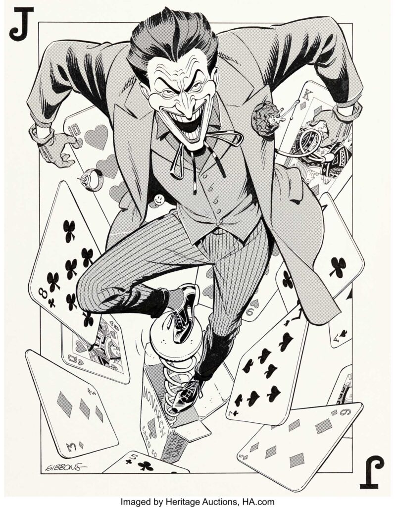 Dave Gibbons Batman 3-D Page 57 Joker Pin-Up Illustration Original Art (DC, 1990). The Joker leaps in, armed with his dangerous toys... From Page 57 of the 1990 3D Batman book whose main story was written and illustrated by John Byrne. Ink and Zipatone on Bristol board with an image area of 11" x 14.5". Minor marginal production spot staining. Light handling wear. Signed. In Excellent condition.
