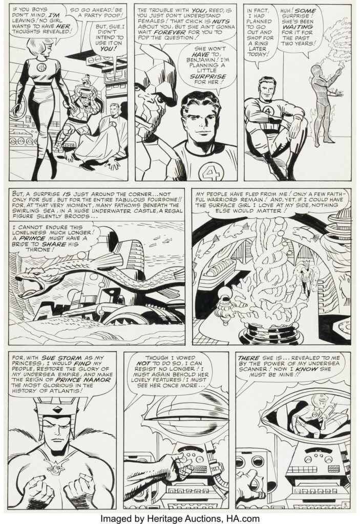 Jack Kirby and George Roussos (as Geo. Bell) Fantastic Four #27 Story Page 3 Original Art (Marvel, 1964). As Reed (Mr. Fantastic) plans on buying a ring for Sue, Prince Namor, the Sub-Mariner, makes his own plans for the Invisible Girl. Twice-up scale in ink over graphite on Bristol board with an image area of 12.5" x 18.5", matted and glass-front framed to 16.5" x 24". Slight toning, marginal notes, whiteout corrections, with light smudging/handling wear. Light frame scuffing/wear. Overall in Very Good condition.
