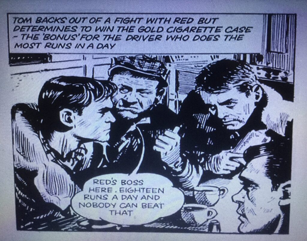 A frame from the "Hell Drivers" promotional newspaper strip, this panel including a distinctive Patrick McGoohan as trucker  C. 'Red' Redman