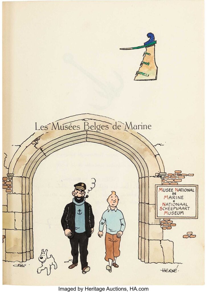 Hergé (Georges Remi dit) Les Musées Belges de Marine d'Alexandre Berqueman Cover and Illustration Original Art (Établissements Généraux d'Imprimerie, 1943). Here we offer a unique piece in the history of Tintin's adventures. In the early '40s, Alexandre Berqueman, a maritime enthusiast, and Hergé met on the theme of the navy, which led directly to the beginning of a long friendship. Berqueman became Hergé's naval advisor, helping him to keep as close as possible to naval reality in Tintin's adventures, especially in The Secret of the Unicorn. Berqueman published two books on the sea, including Les Musées Belges de Marine in 1943.
