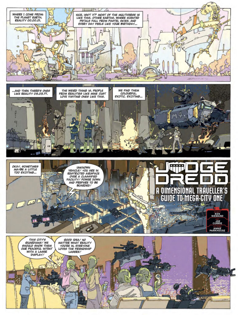 2000AD 2374 - “Judge Dredd - A Dimensional Traveller’s Guide to Mega-City One”, written by Ken Niemand, art by Joe Currie