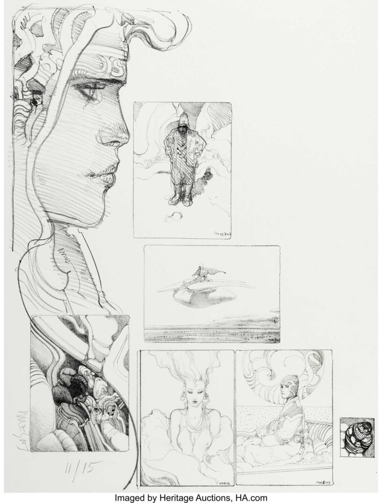 Jean Giraud (Moebius) Various Characters Signed Limited Edition Lithograph #11/15 (Limestone/Del Bello Gallery Toronto, 1989). One day, Jean Giraud found himself stranded in Toronto due to very bad weather conditions. To occupy himself, he found a lithography workshop and proposed a collaboration which led to the fine work proposed here. Now is a great opportunity to own a specimen of this very rare, genuine lithography from Moebius, produced in an ultra-limited edition. Image area of 19" x 25". Numbered 11/15. Signed in the lower left. In Excellent condition.
