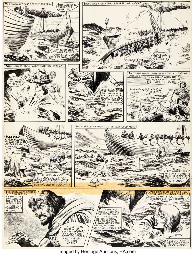 Don Lawrence Lion, Karl The Viking Story Page 10 Original Art (IPC/Fleetway Publications, 1964). A stunning naval battle that does not turn out to Karl and his crew's advantage. Karl's stories were serialized in Lion and were recently collected in two volumes published in 2022 and 2023 by Rebellion. Ink over graphite on two pieces of rigid Dorchester illustration boards assembled on the back. Image area of 15.25" x 20". There is glue residue staining around the joint in the lower tier. The texts are paste-ups. Minor handling. Corner and edge wear. In Very Good condition.
