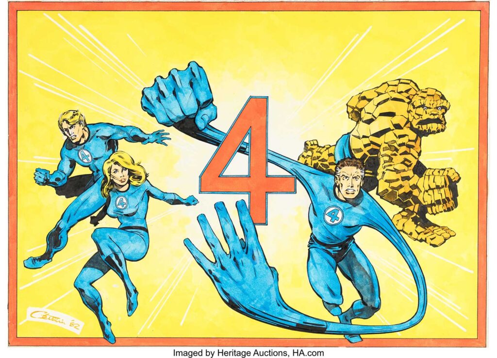 Mick Austin Fantastic Four #1 Poster Original Art (Marvel UK, 1982). The beloved superhero team stars on a wide visual produced in mixed media on thick Oram & Robinson board with an image area of 22" x 16". Slight handling. Signed and dated. In Excellent condition.
