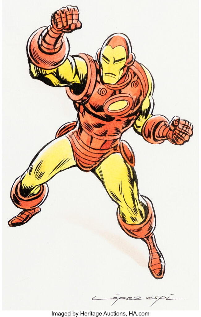 Rafael Lopez Espi Iron Man Illustration. Renowned for many of the Marvel and DC superheroes that Vertex editorial published in Spain in the '60s and '70s, Rafael Lopez Espi lends his great talent to a portrait starring Iron Man. Ink and watercolor on illustration paper with image areas of about 6" x 7". Minor handling wear. Signed. In Excellent condition.
